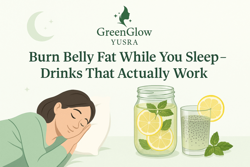 Illustration of a woman sleeping peacefully next to detox drinks with lemon, mint, and chia seeds for burning belly fat overnight