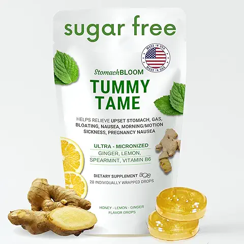 Tummy Tame sugar-free ginger lemon flavor drops with ginger roots and candy pieces for upset stomach, gas, bloating, and motion sickness relief.