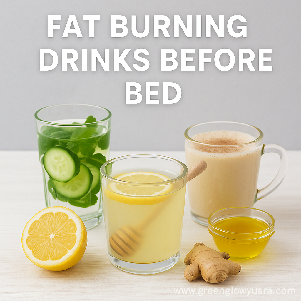 Four natural fat-burning drinks before bed including lemon honey water, cucumber mint detox, cinnamon milk, and ginger tea on a light wooden table.