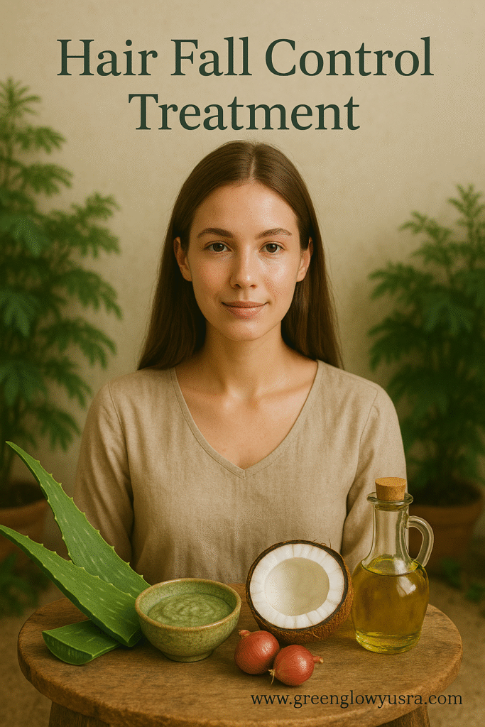 Young woman with herbal ingredients for hair fall control treatment