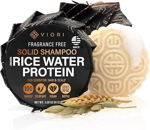 Viori solid rice water protein shampoo bar with rice grains and elegant packaging